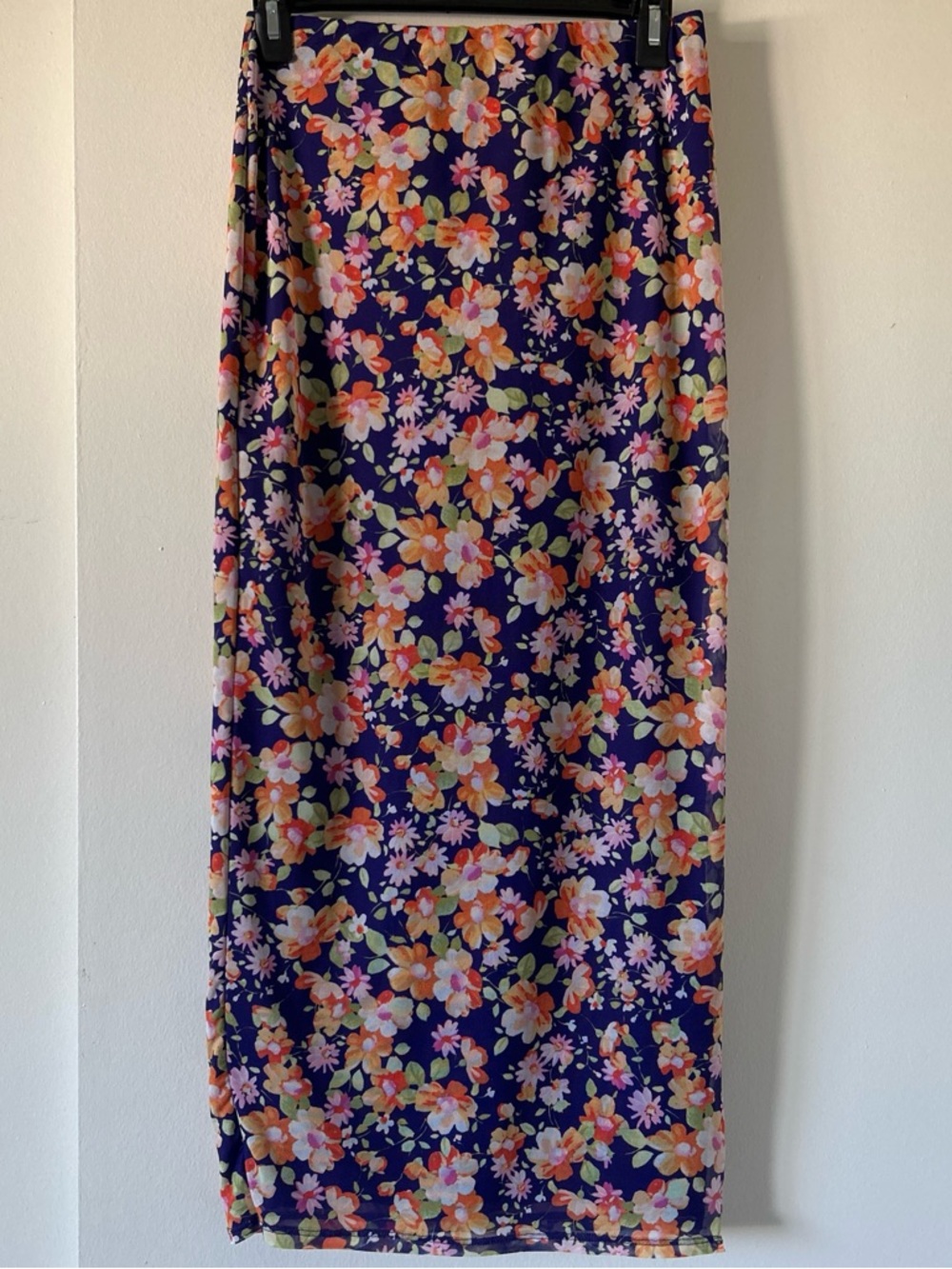 Floral Midi Skirt in Navy with Pink & Orange Blooms